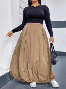 Flirla 加大號數按鈕裝飾口袋實用裙,鬱金香邊緣 - 卡其色 - 查看 1