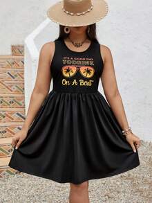 SHEIN VCAY Plus Size Beach Vacation Summer Printed Sleeveless Dress With Letter & Sunglasses Print, Coconut Tree Detail Pocket - Black - View 4