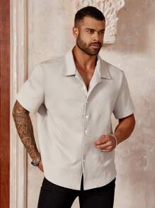 Manfinity Homme Men's Plus Size Solid Color Short Sleeve Casual Shirt For Summer - Grey - View 3