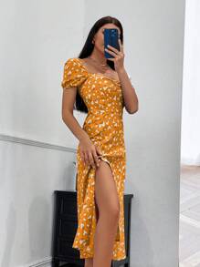 GENKIRA Váy ngắn tay xẻ cao in hoa bong bóng cho nữ - trái cam - Xem 4