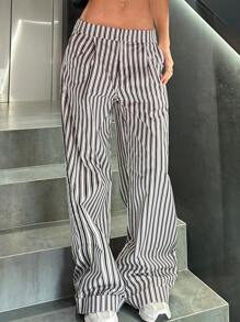 SHEIN EZwear Women's Low Waist Pinstripe Suit Pants With Side Pockets - Multicolor - View 1