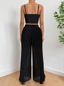 SHEIN EZwear Của phụ nữ Mùa hè Màu thuần Top Cây trồng Áo ba lỗ Và Quần ống rộng Giải trí 2 Miếng - màu đen - Xem 2
