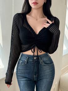 Dazy Designer 春夏短袖女式透视网眼短款上衣，V 领和系带外出上衣，节日透明，返校服装长袖女式上衣 - 黑色 - 查看 3