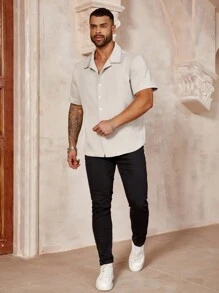 Manfinity Homme Men's Plus Size Solid Color Short Sleeve Casual Shirt For Summer - Grey - View 5