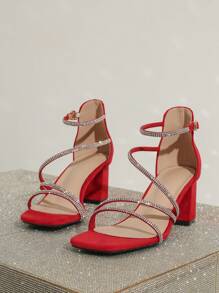 方头粗高跟水钻装饰女士凉鞋，优雅迷人，适合派对和宴会 - 紅色 - 查看 6