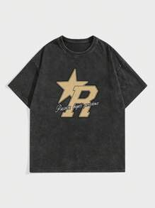 ROMWE MEN Street Life 男士 Snow Wash 复古星星与字母图案落肩 T 恤，学校 - 黑色 - 查看 1