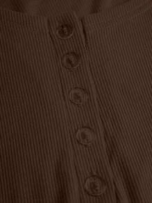 INAWLY Camiseta ajustada de punto con botones de media tapeta, manga larga de punto acanalado para mujer de primavera/verano - Marrón - Ver 5