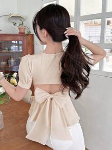 DAZY 女式夏季短袖系帶空心上衣,配有荷葉邊 - 杏色 - 查看 1