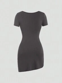 Sweetra 女士簡約純色短袖平口中長裙 - 灰色 - 查看 2