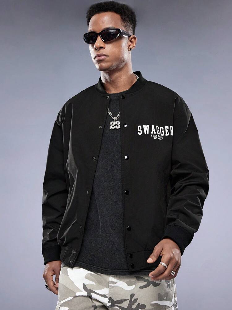 Men's Woven Baseball Collar Casual Jacket With Letter Print, For Fall Winter