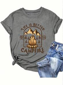 INAWLY Áo thun tay ngắn in chữ cho cắm trại mùa hè, áo thun họa tiết dành cho nữ LIFE IS BETTER BY THE CAMPFIRE Áo thun họa tiết dành cho nữ - Xám - Xem 1