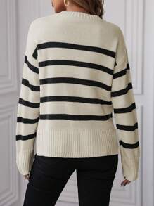 EMERY ROSE 女士時尚黑白條紋長袖套頭毛衣