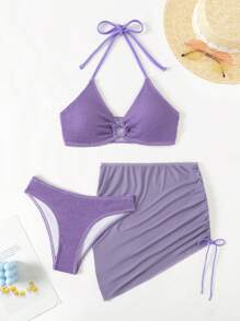 SHEIN Swim Summer Solid Texture Drawstring Ruched Swimwear, 3pcs/Set - Purple - View 4