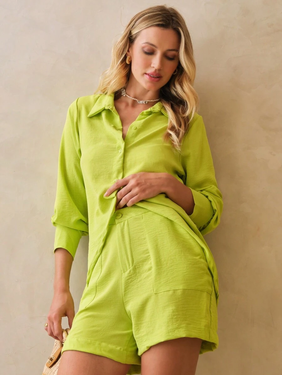 SHE(IN) BRASIL 素色前紐扣襯衫&短褲 - 青檸色 - 查看 1