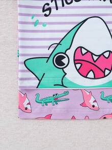 SHEIN Young Girl Pink Cute Shark Pattern Striped Short Sleeve & Shorts 4-Piece Snug Fit Pajama Set - Mauve Purple - View 5