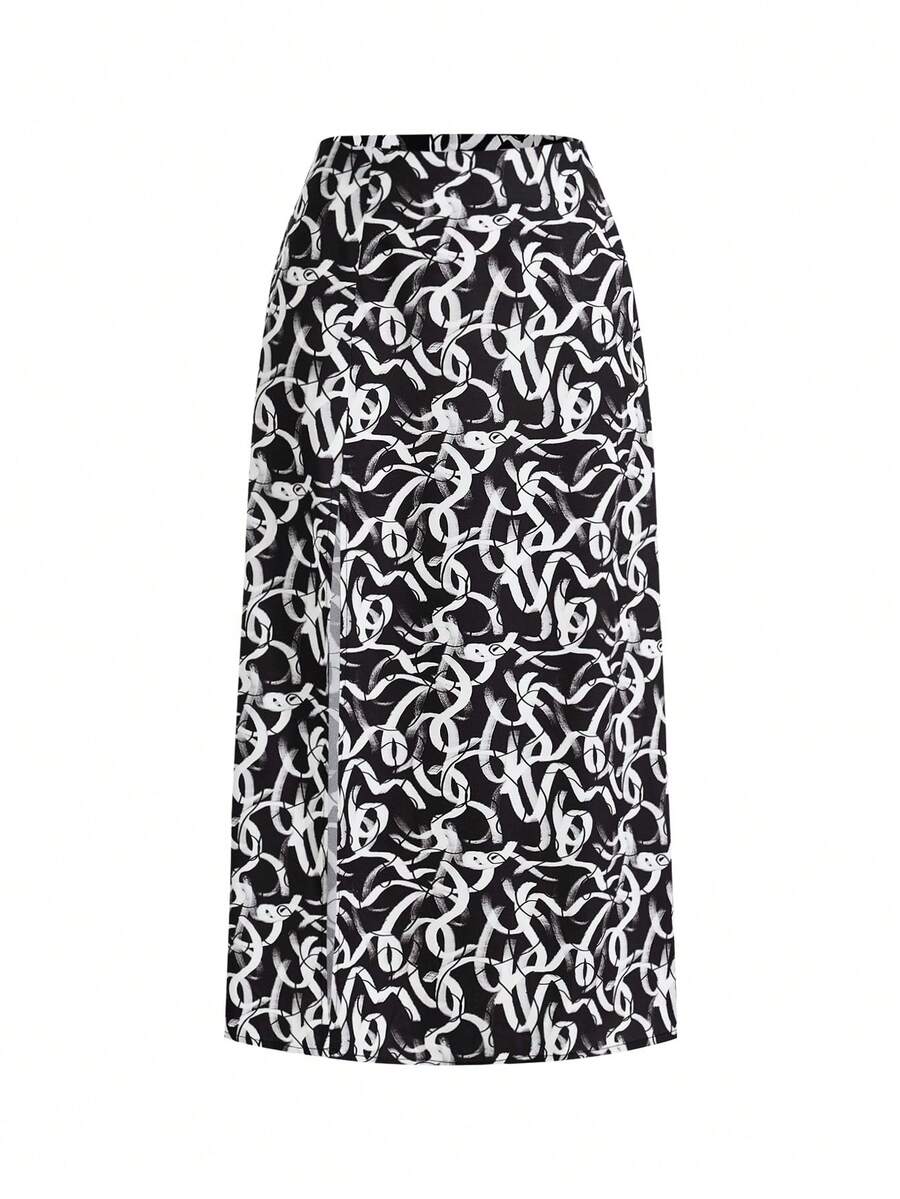 Studio sunshine Women's Printed High Slit Skirt For Summer - Black - View 1