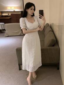 DAZY 提花网纱拼接甜心领修身短袖连衣裙，配腰带，生日舞会礼服，优雅女士连衣裙，长款连衣裙 - 白色 - 查看 4