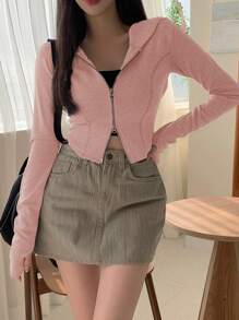 DAZY Của phụ nữ Màu thuần Dây kéo mặt trước Ngắn Thon gọn Hoodie Với Tay áo dài , Thích hợp Cho mùa xuân Và Mùa thu - Màu Hồng baby - Xem 3