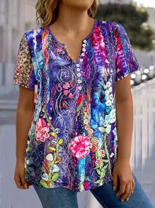 EMERY ROSE Plus Size Flower Printed Elegant Short Sleeve T-Shirt With Button Design Women Graphic Tee Top For Summer
