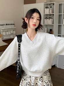 字母刺绣插肩袖套头衫，长袖上衣 - 灰色 - 查看 8