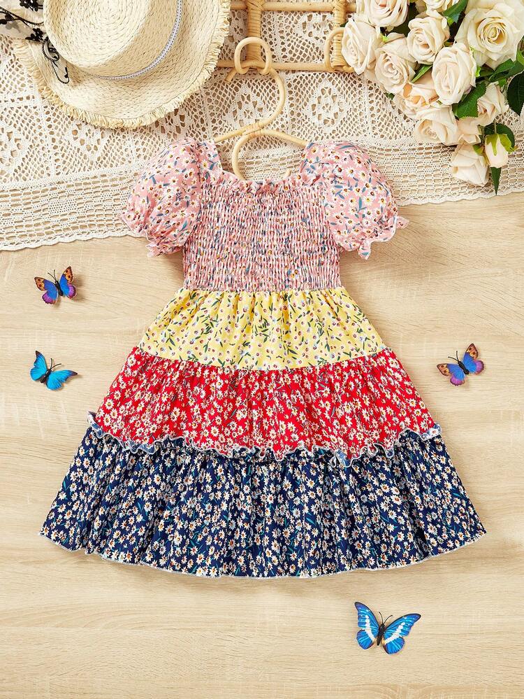 Young Girl Cute Square Neck Bubble Sleeved Patchwork Floral Dress