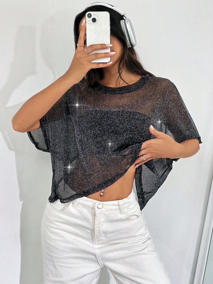 SHEIN EZwear 薄紗網實心蝙蝠袖短款t恤 - 黑色 - 查看 1