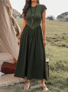 SHEIN LUNE Vestido casual largo de manga corta con cuello redondo para mujer, atuendo maxi de verano para mujeres - Verde militar - Ver 7