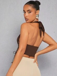 Hauture Lace Up Corset Halter Tie Crop Top - Brown - View 3