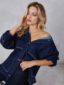 SHEIN Túi nghiêng Thả vai Áo khoác denim - Rửa tối - Xem 6