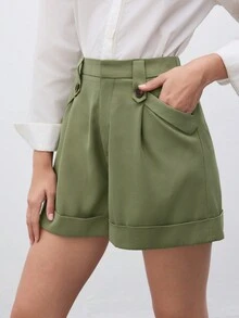 SHEIN Unity 女士實色鈕扣口袋短褲 - 軍綠色 - 查看 7