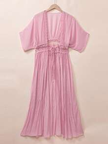 Acelitt Mùa hè thường ngày rộng rãi Bộ kimono nửa tay có ren chắp vá - Hồng - Xem 3