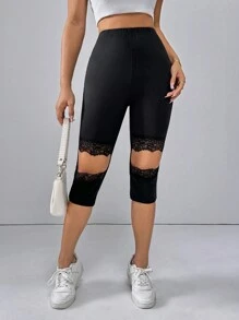 SHEIN Essnce 女士夏日休閒拼接花邊空心3/4 7分褲 - 黑色 - 查看 6