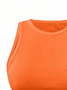 INAWLY Plus Size Women's Summer Solid Color Tight-Fit Round Neck Tank Top - Orange - View 5