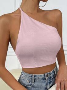 Allurite 女士夏季單色不對稱領口修身短款背心有開放式背部設計 - 粉色 - 查看 1