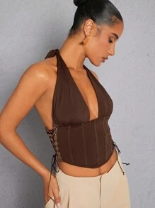 Hauture Lace Up Corset Halter Tie Crop Top - Brown - View 2