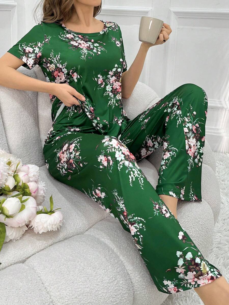 女士花卉印花睡衣套裝,時尚短袖上衣搭配長褲 - 綠色 - 查看 1