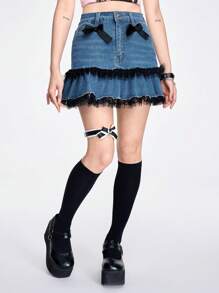 ROMWE Kawaii Women's Bow Decorated Contrast Mesh Ruffle Hem Denim Skirt - Blue - View 2
