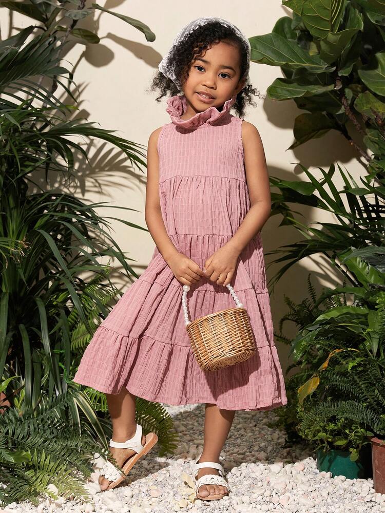 Young Girl Loose Fit Casual Ruffled Off-Shoulder Sleeveless Layered Vacation Dress