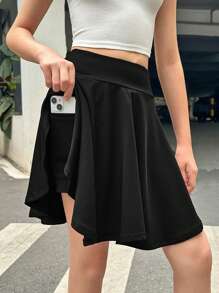 SHEIN Tween Girls' Sporty Street Style Short Asymmetrical Skort Made Of Woven Fabric, Spring And Summer - Black - View 1
