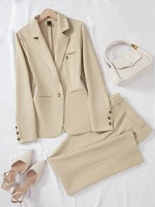 Franclia Women's Fashionable Business Style Solid Color Long Sleeve Suit Set Fall Cloth For Women - Khaki - View 3