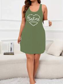 SHEIN EZwear Plus Size Women's Sleeveless Dress With Slogan & Heart Print - Army Green - View 3