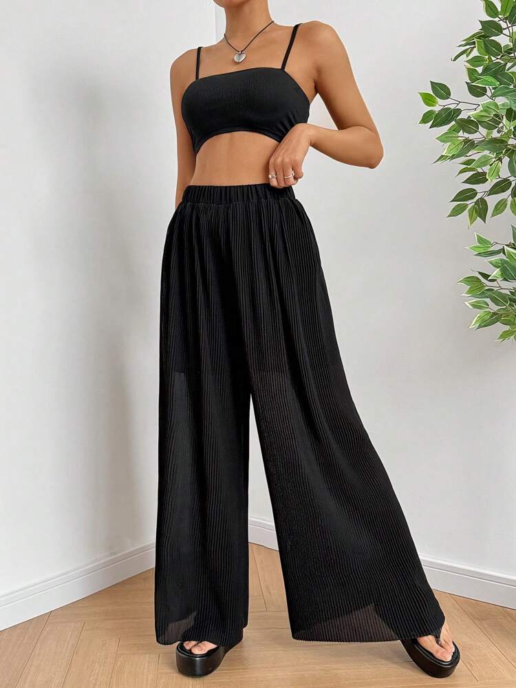 Women's Summer Solid Color Crop Top Camisole And Wide Leg Pants Casual 2pcs Outfit