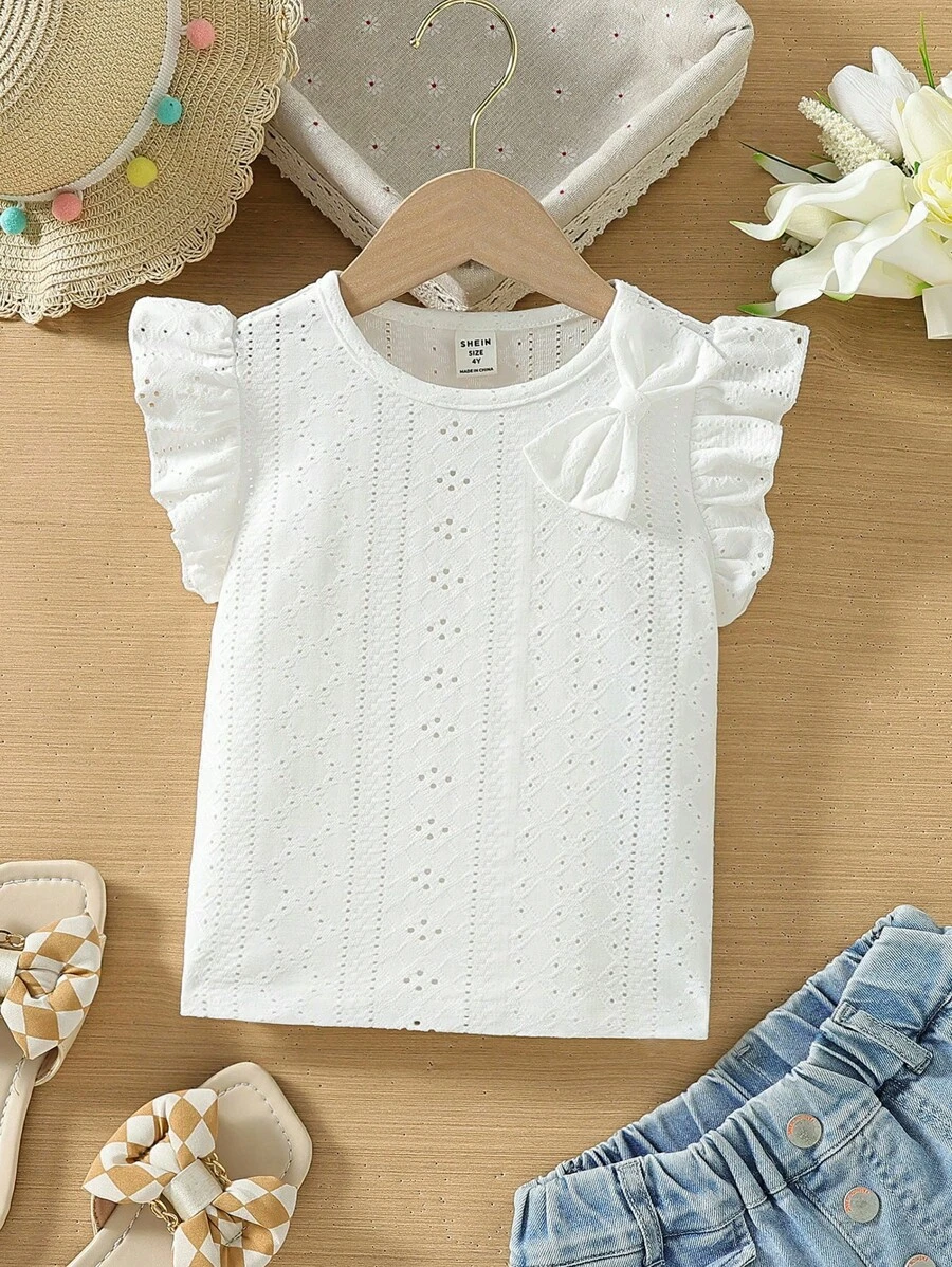 SHEIN Young Girl's Solid Color T-Shirt With Bow Decoration And Ruffle Hem For Summer - White - View 1