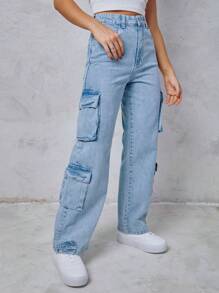 SHEIN Túi nắp bên cạnh Quần jean chở hàng - Rửa nhẹ - Xem 8