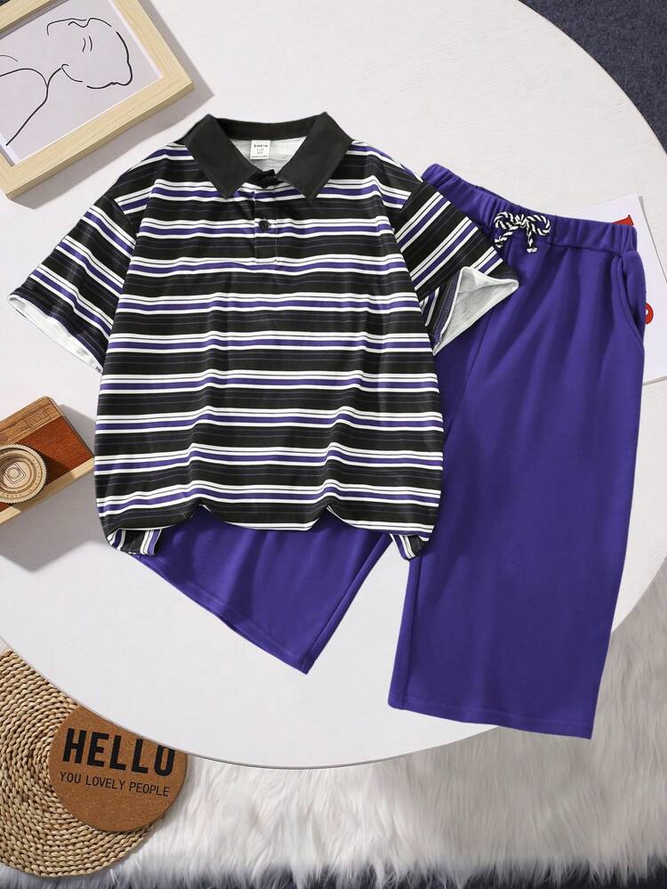 Tween Boy Casual Street Style Striped Printed Half-Button Collar Loose Fit Top And Solid Color Shorts Knitwear Set