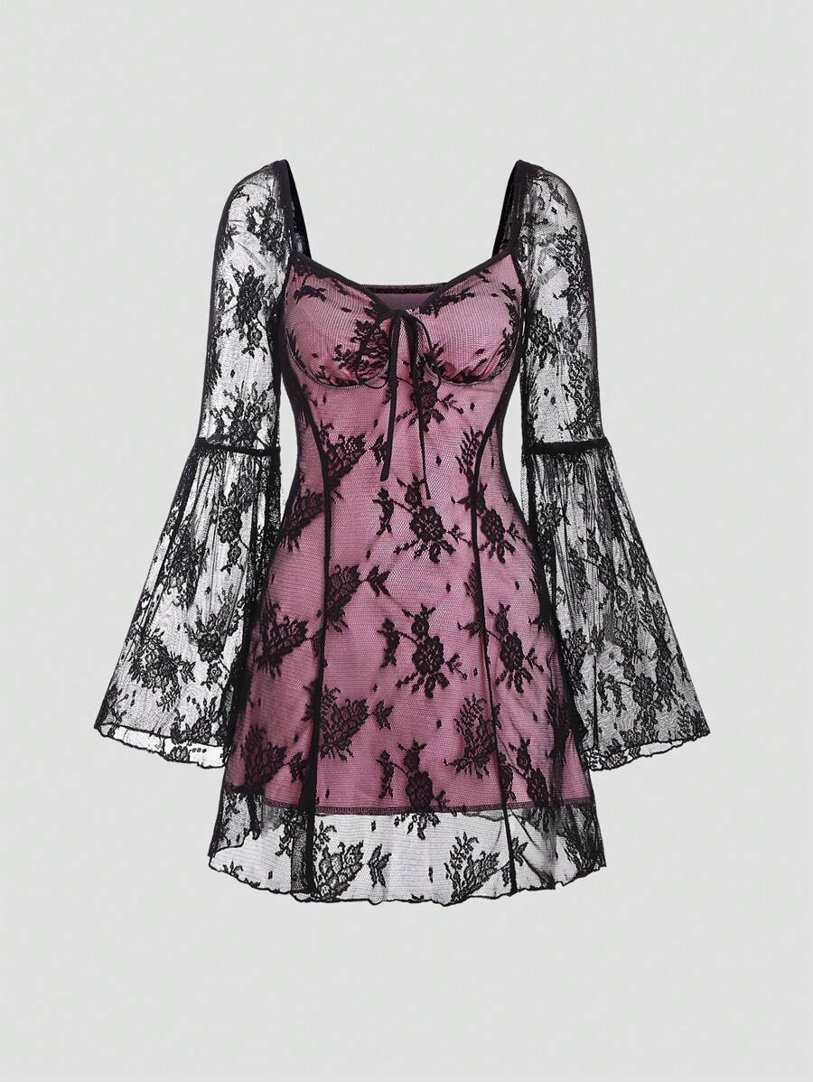 Sweetra 女士對比蕾絲搭接傘袖度假連衣裙