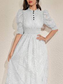 Modelyn Women's Bubble Sleeve Gathered A-Line Dress Maxi Women Outfit Long Evening Dresses - White - View 4