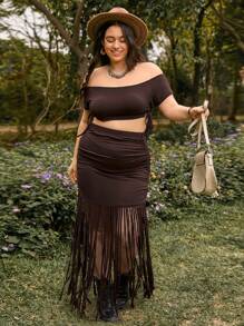 Dreamara Sommer Urlaubsstil, Off-Shoulder Kurzarm Crop Top und Midi Rock mit gefranstem Saum und Patchwork Zweiteiler Set für Damen, Große Größen