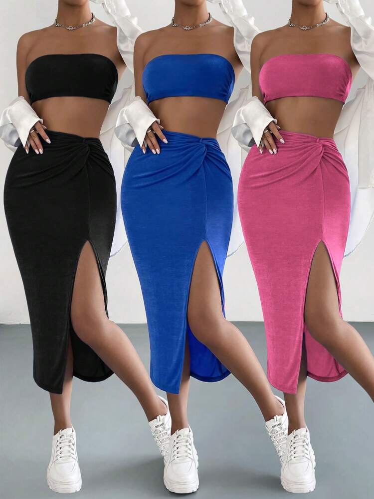 Solid Color Cropped Strapless Top And Knot Waist High Slit Skirt Set