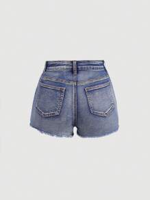 SHEIN Teen Girl High Elasticity Distressed Denim Shorts, Water Washed - Light Wash - View 2